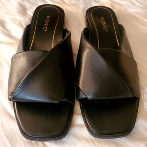 Vionic Miramar Black Leather Shoes Women's Comfort Slide Sandals Size 11